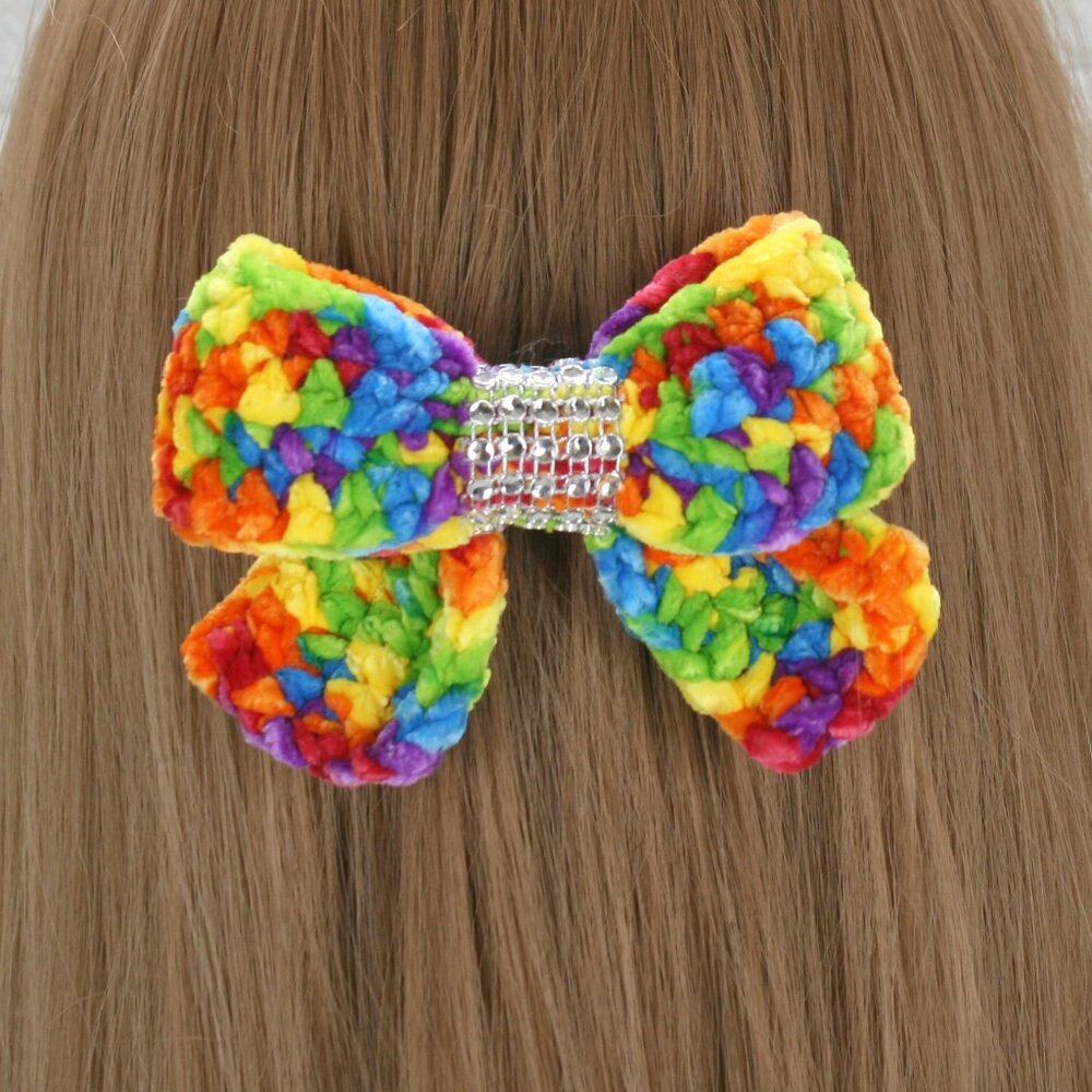 HAND CRAFTED Hair Bow Kids Crochet Chenille Velvet Hair Barrette Rainbow